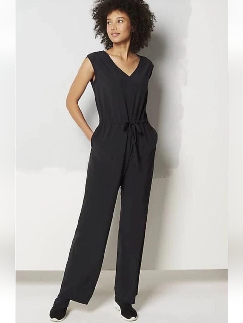 J Jill Fit On The Go Jumpsuit Black Sleeveless Drawstring Size L